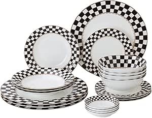 Amazon.com | Porlien Checker Pattern 20-piece Round Dinnerware Set for 4, Porcelain Dinner Sets: Dinnerware Sets