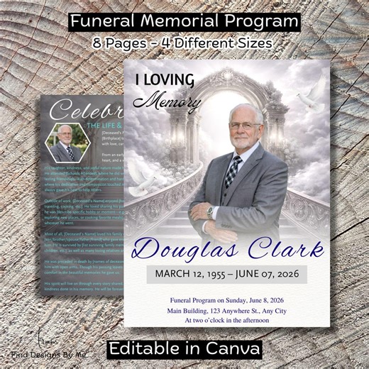 Minimal Funeral Program Template | Obituary Template for Men | Memorial Service | Celebration of Life Printable - Etsy