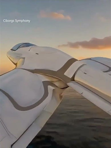 Nave Cyborg Mujer Volando al Amanecer Escena Épica - Cyborg Woman Flying Over the Ocean Dawn.
