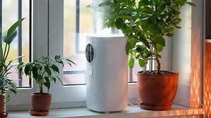 Ergonomical humidifier standing on window sill moisturizing dry air in room, house for comfort plants growth. Modern device having function of air cleaner, purifier, freshener, ionizer, vaporizer