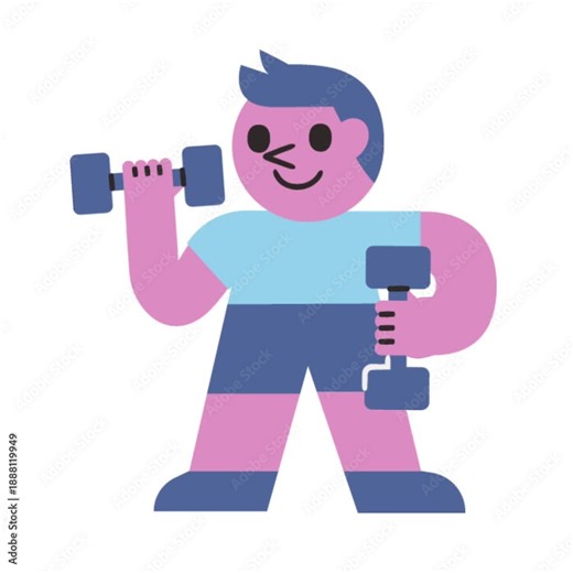 Animated cartoon man working out with a dumbbell representing strength training fitness motivation exercise routine and healthy active lifestyle