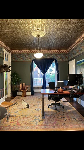 The study is complete! My husband played a HUGE part in this project. I would’ve wanted to wuit half way through if it weren’t for him ♥️ #homeoffice #office #study #diy #remodel #tinceiling #wallpaper #paint #darkandmoody #goldceiling #victorian #artdeco #maximalist #interiordesign #fyp #painting #darkpaint #moodyhome