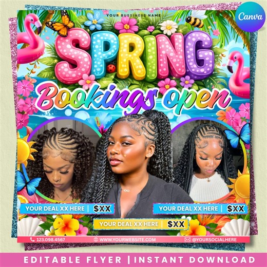 Spring Break Booking Flyer, Spring Booking Flyer, Spring Break Sale Flyer, Hair Lash Nail Makeup Braids, Canva Editable - Etsy