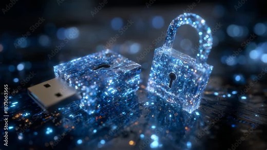 Padlock and USB flash drive in security visualization, blue LED glow, moody tech environment, emphasizing encryption, safe data transfer, and cybersecurity awareness