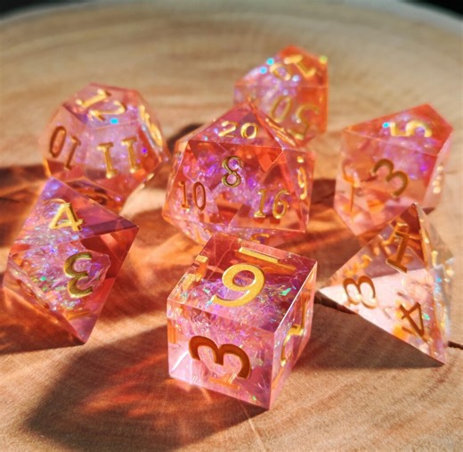 Sunset Purple Pink Holographic Sharp Edge Dice Set | Galaxy Resin DND Dice With Iridescent Glitter - Etsy
