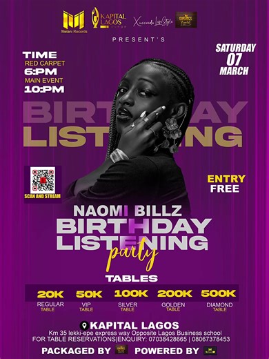 Happy New Month Fam 🥰 It's almost my birthdayyy 🎂 🥹 💜 I'm celebrating with a Listening Party and you're invited 😌 ✨ DM For Your Table Reservations ASAP 📍 Kapital Lagos 🗓️ March 7th