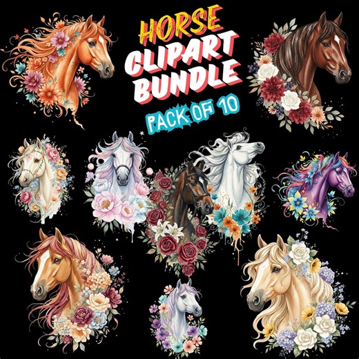 Watercolor Horse Clipart | Floral Farm Animal PNG SVG (digital Download) - Etsy