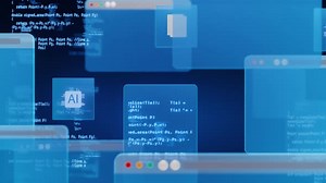 Digital interface showing data folders, AI icons, and programming code windows