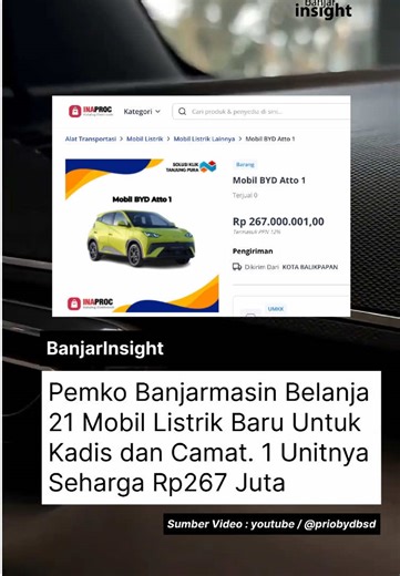 Pemko Banjarmasin Siapkan 21 Mobil Listrik BYD Atto 1