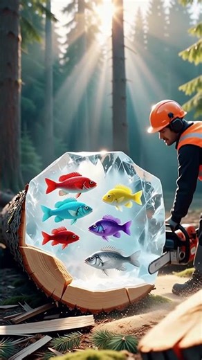 গাছের ভেতরে বরফ… আর জমে থাকা মাছ! 😳🌲🐟