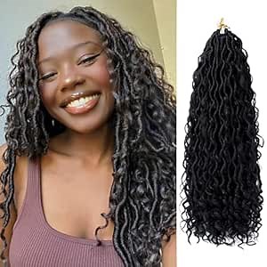 Faux Locs 18 Inch Goddess Locs Crochet Hair for Women Short Soft River Curly Pre Looped Crochet Braids With Curly Ends Synthetic Hair Extensions (6 Packs, #1B)