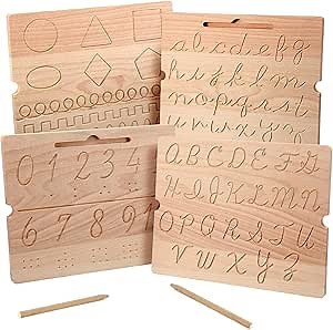 MotiMind 2 Pcs Wood Cursive Alphabet Number Tracing Board Montessori Letter Tracing Board Writing Tools Double Sided with Wooden Pen Letter Tracing Learn to Write for Boys Girls Preschool Classroom