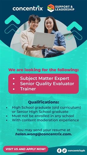 Join our Content Moderation team at Bridgetowne, C5 QC! We are looking for the following roles: - Subject Matter Expert - Sr. Quality Evaluator - Trainer Qualifications: - High School graduate (old curriculum) or Senior High School graduate - Must not be enrolled in any school - With content moderation experience Like and follow us on Facebook and TikTok @ConcentrixPH #GameChangingCareer #ConcentrixPH | Concentrix