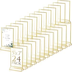 24 Pack Gold Picture Frames 5 x 7 Inch Clear Acrylic Sign Holders Double Sided Display Frames Bulk with Stand 2 mm Gold Border for Table Numbers Wedding Party (Vertical)