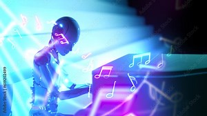 Animation of sheet music with artificial intelligence robot play on piano. Humanoid doing virtual modern art. Scifi future concept