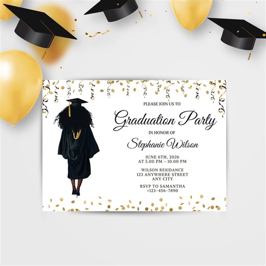 Editable Graduation Invitation Template, Personalized Graduation Invitation, Female Graduate, Black Graduate Girl, Graduation Party - Etsy