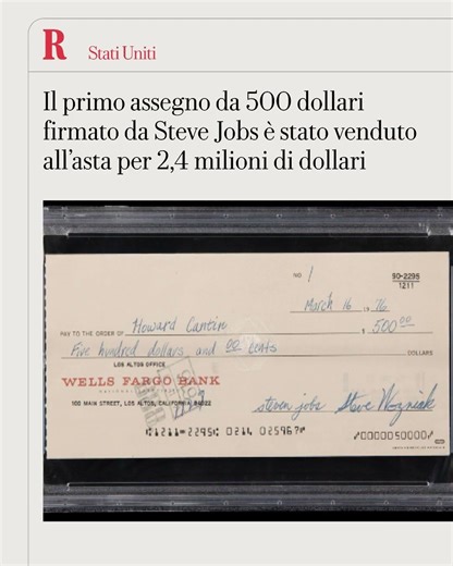 Il primo assegno firmato da Steve Jobs