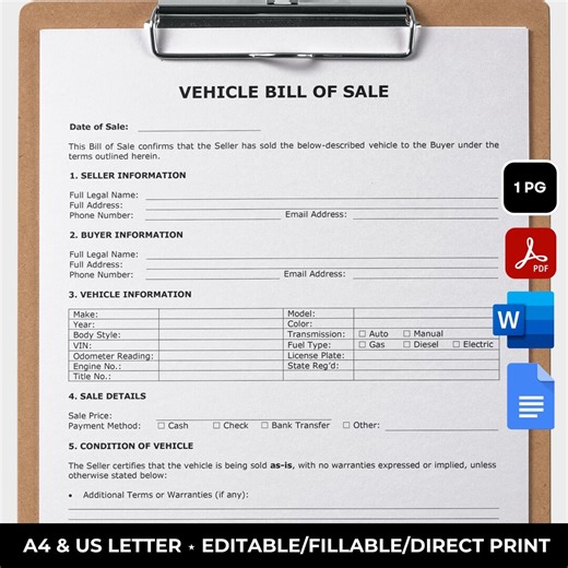 Simple Vehicle Bill of Sale Template, Editable Car Sale Agreement, Motor Vehicle Sale Contract, WORD, PDF Google Docs, Instant Download - Etsy