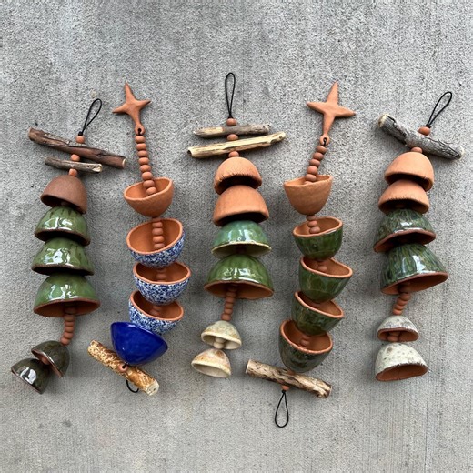I Handmade Ceramic Wind Chimes - Pinch Pottery Garden Bells with Clay Beads and Driftwood Branches on Nylon Cord