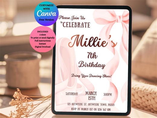 Ballet Birthday Invitation - Editable Canva Template, Pink Bow Girls 7th Dance Party Invite - Etsy Canada