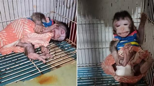 Horrifying moment terrified baby monkey macaque is dragged out of cage