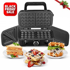 3 in 1 Sandwich Maker, 1200W Waffle Maker, Panini Press Grill, With 5-gear Temperature Control and Removable Plates ,Nonstick Surface, Black