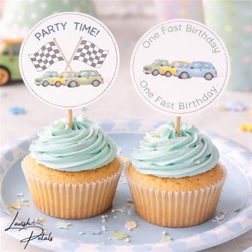 First Birthday Cupcake Toppers, Cars Birthday Cupcake Picks, Fast ONE Party Decorations, Instant Download, Boy 1st Birthday Template- 00FO1 - Etsy