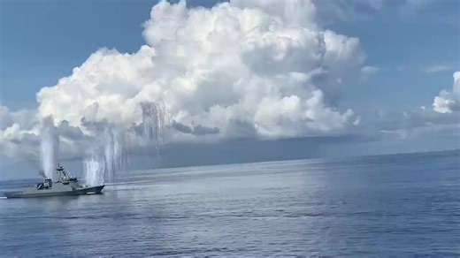 WATCH: BRP Antonio Luna releases bullfighter chaffs, which aim to deflect enemy’s anti-ship missile, during the drills off the coast of Zambales within the West Philippine Sea. President Marcos watched the drills here at BRP Davao del Sur. | via John Eric Mendoza, INQUIRER.net | INQUIRER.net