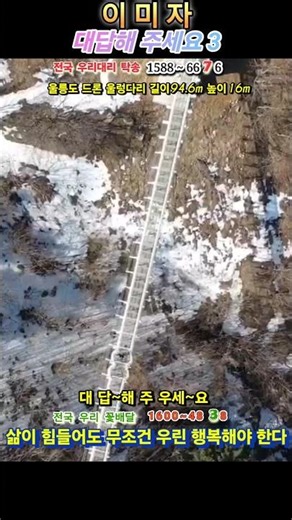 이미자 대답해 주세요 3 드론 영상 울릉도 내수전울렁다리 2025년 11월 개통 길이 94.6m 높이16m 울렁다리위 내수전 전망대 저동항 관음도 죽도보고 출발지 울렁다리로 하강