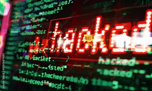 Digital screen displaying 'hacked' in glowing red letters with green code in background, symbolizing cybersecurity threats and hacking incidents