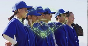 Baseball field diagram animation over team of players in blue uniforms