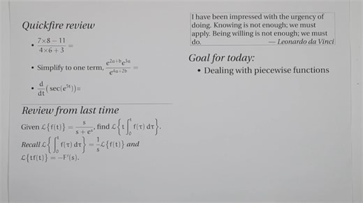 Laplace transform of piecewise functions (Diff. Eq.; Lecture 3-5; Spring 2026)