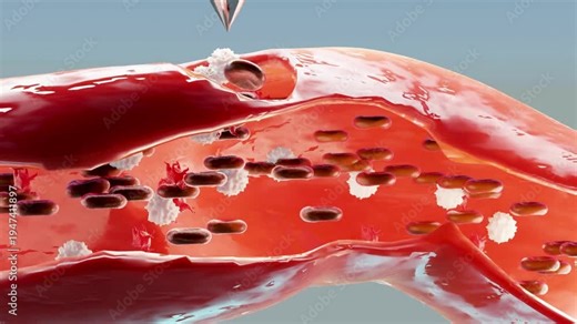 3D render of hemostasis showing red blood cells and platelets forming a clot inside a damaged blood vessel. Cross section medical animation illustrating the basic stages of woun