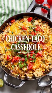 Chicken Taco Casserole 🌮 Recipe 👉 https://www.savingdessert.com/chicken-taco-casserole/ Our Chicken Taco Casserole recipe is quick, easy and loaded with flavor and textures. Think deconstructed chicken tacos or upside down chicken nachos with the crispy chips on top instead of the bottom. | Saving room for dessert