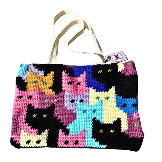 Handmade Crochet Cat Tote Bag | Colorful Two-sided Feline Lover Bag - Etsy
