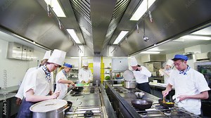 Team of professional chefs preparing and cooking food in a commercial kitchen