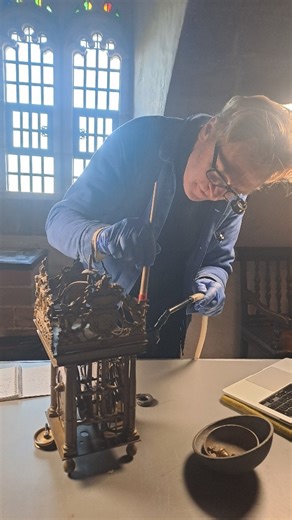 Caring for our historic clocks is a delicate piece of conservation work. Clockmaker and conservator Matthew has been working on the Kitchen Lantern clock, repairing a frayed winding rope that had become tangled in the gears, before giving the whole mechanism a careful clean and relubrication In the Ship Room, he carried out the annual checks on the wall clock - lubricating the moving parts and assessing its weight system. A set of trial weights will help us discover the perfect balance needed to