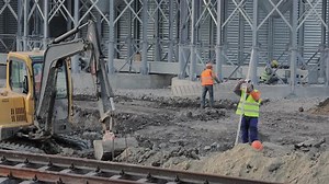 Work on the Construction of a Railway Track Construction Workers are Working