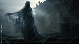 A spectral banshee in tattered billowing robes perches atop a ruined castle its piercing shriek echoing in the night.