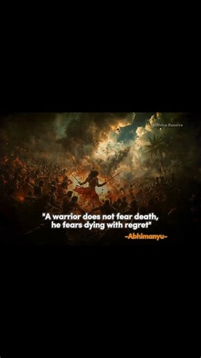 This quote reflects the timeless wisdom of Abhimanyu, the young warrior from the Mahabharata. It teaches that courage is not the absence of fear, but the presence of purpose and honor. A true warrior values action and integrity above life itself. Fear of death fades when one lives fully, but fear of leaving the world with unfinished duty, unresolved purpose, or unfulfilled potential stays. Regret of not fighting for what is right, not protecting loved ones, or not realizing one’s true capabiliti