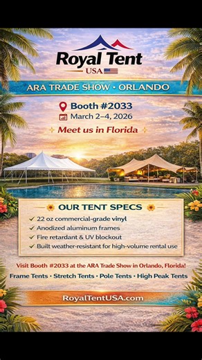 ROYAL TENT USA🇺🇸is exhibiting at The ARA Show 2026 📍 Booth #2033 📅 March 2–4, 2026 📌 Orlando, FLORIDA USA Looking to expand your rental inventory with durable, high-performance tents built to last? Let’s talk. Our Commercial-Grade Tent Lines 🔳 Frame Tents 22 oz PVC blockout vinyl Clear-span, open floor plan No center poles Engineered aluminum frame Ideal for weddings, corporate events & long-term installs 🔺 Pole Tents 22 oz PVC blockout vinyl Classic high peaks with center & side poles Te
