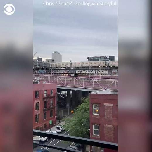 Several people stood on top of train cars, with some running along them, as it crossed the Williamsburg Bridge into Brooklyn, New York. The NYPD told Storyful they were “looking into” the incident. | CBS News
