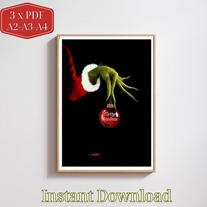 Grinch Christmas Digital Wall Art - Printable Holiday Decor With Grinch Hand Holding Ornament - Etsy