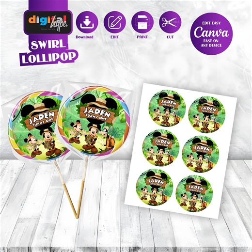 Mickey Safari Lollipop Labels Minnie Mouse Anime Theme Birthday Favors Printable Daisy Duck Gift Oh Twodles Party Decor Goofy Keepsake MK06 - Etsy
