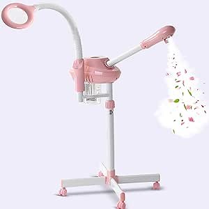 Professional Facial Steamer, 2In1 Face Steamer on Wheels for Facial Deep Cleaning, SPA Facial Steamer for Esthetician with 5X Magnifying Lamp, Stand Face Steamer with Time Setting, Pink