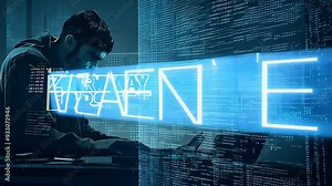 A skilled hacker is deeply focused on a computer, navigating complex cybersecurity issues in an urban setting