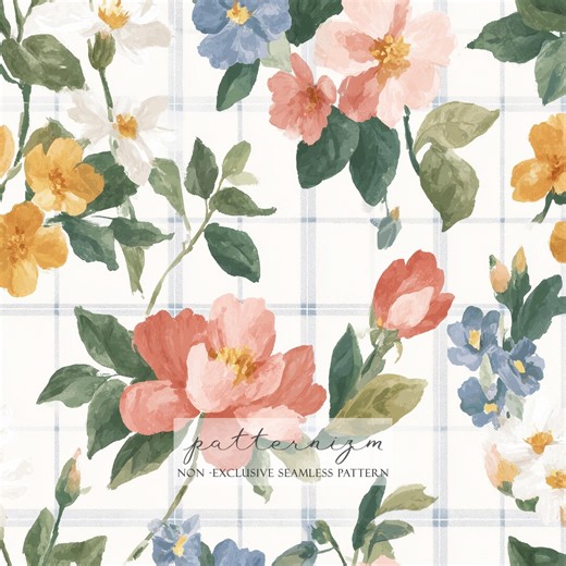 Seamless Plaid Watercolor Floral Pattern Digital Download – Cottage Garden Flowers Repeat, Soft Fabric Design - Etsy