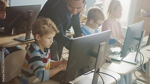 Elementary School Science Classroom: Enthusiastic Teacher Talks with a Smart Schoolboy. Using Personal Computer to Learn Programming Language and Software Coding. Slow Motion Elevated Shot