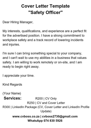 Cover Letter Template - Safety Officer | www.cvboss.co.za #cvboss #cvwriter #coverletter