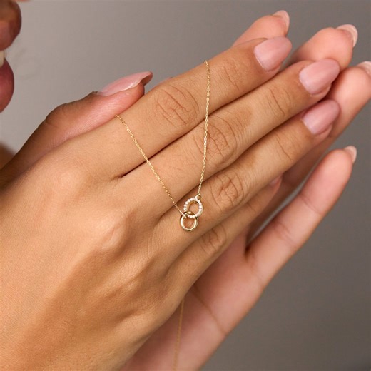 14K Solid Gold Intertwined Circle Necklace | 2 Rings & Bond Symbol Pendant | 0.05ctw Natural Diamonds - Etsy